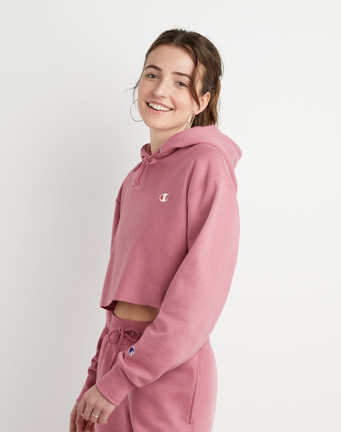 Champion Womens Hoodie NZ - Reverse Weave Cropped Cut-Off C Logo Rose ( 0492-VIBSZ )